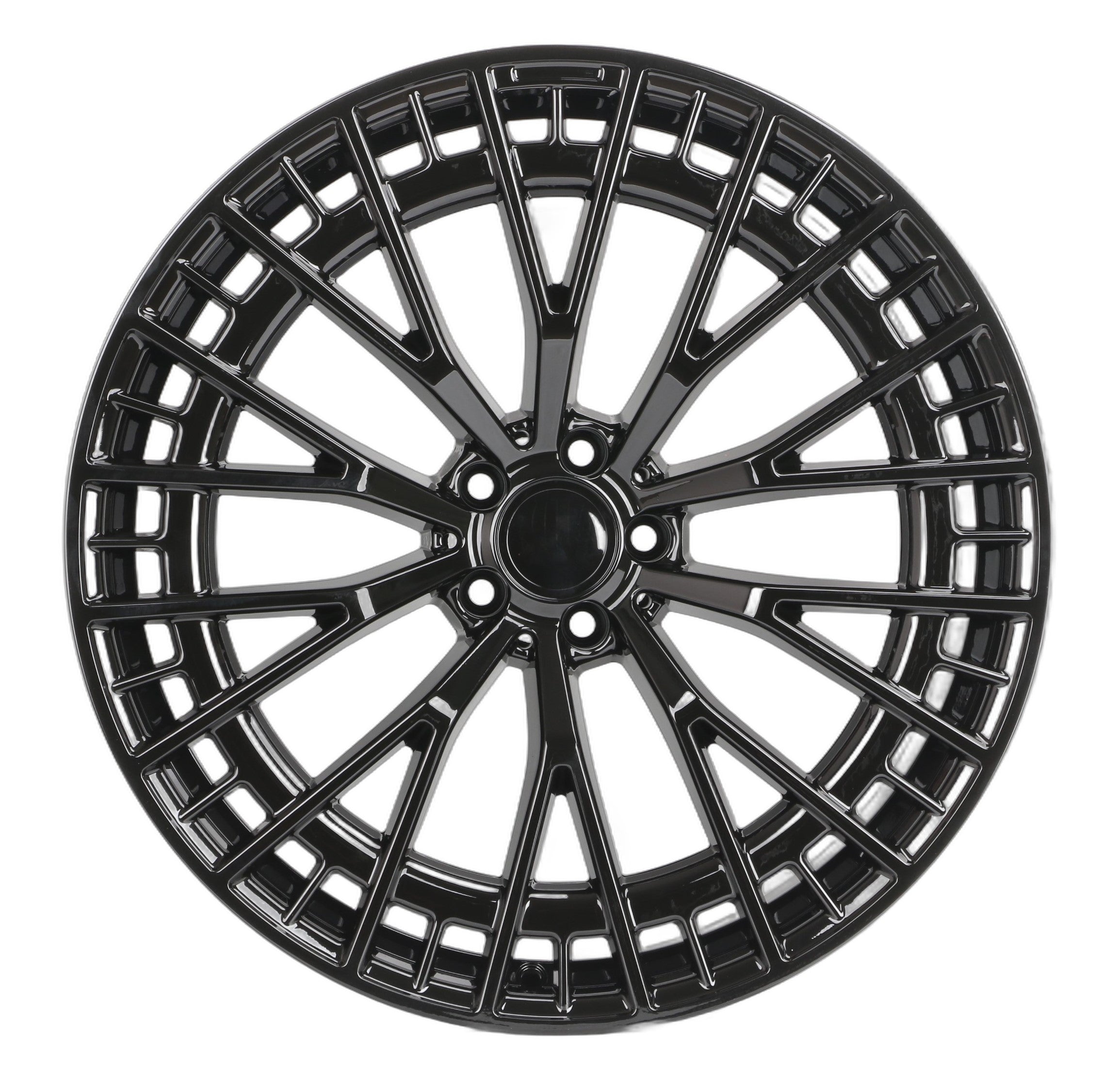 22-inch Gloss Black mesh spoke wheels by OE Style for Mercedes CLS, S, GLE, GLS, AMG models, shown from front angle.