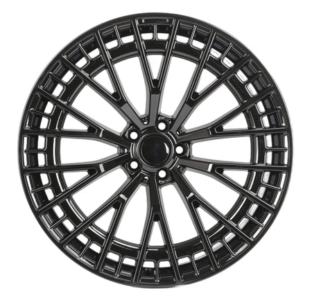 22-inch Gloss Black mesh spoke wheels by OE Style for Mercedes CLS, S, GLE, GLS, AMG models, shown from front angle.