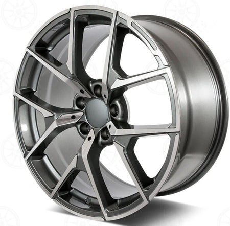 18-inch gunmetal machined wheels by OE Style Wheels, designed for Mercedes-Benz CLA, E-Class, S-Class, and AMG models.