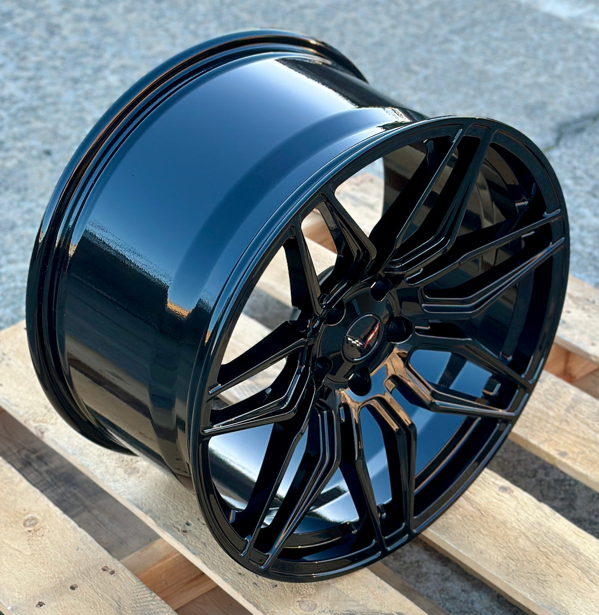 Gloss black 19" and 20" monoblock forged lightweight wheels by OE Style Wheels for Chevy Corvette C8 Stingray and Z06.