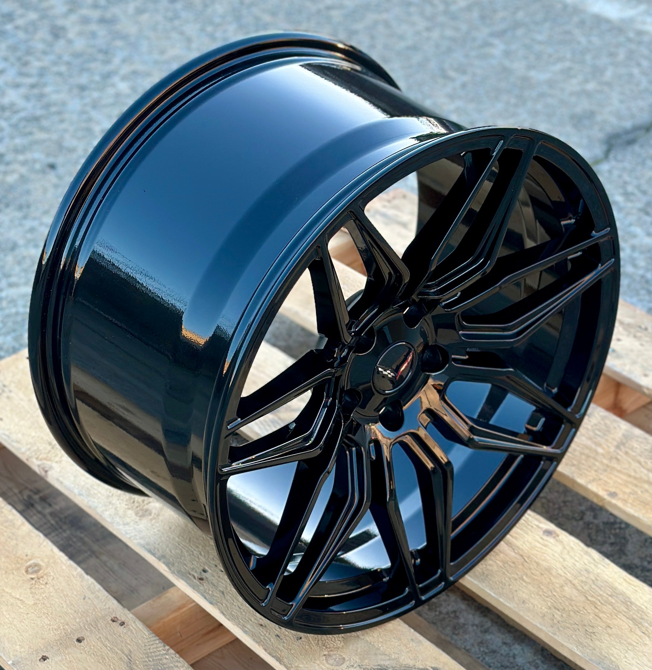 Gloss black 19" and 20" monoblock forged lightweight wheels by OE Style Wheels for Chevy Corvette C8 Stingray and Z06.