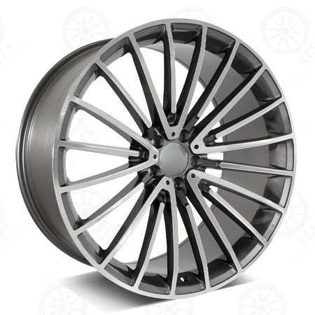 19-inch AMG style gunmetal machined staggered wheels for Mercedes-Benz E, S, CLS, and CL models by OE Style Wheels.