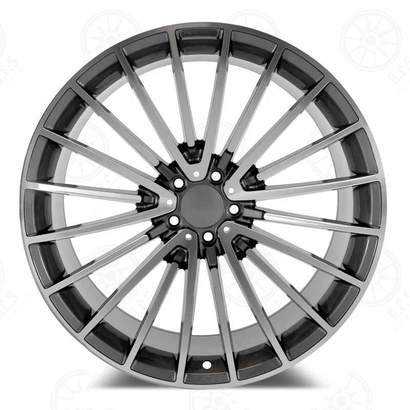 19-inch AMG style gunmetal machined staggered wheels for Mercedes-Benz E-Class, CLS, S-Class, and CL models by OE Style Wheels.