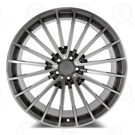 19-inch AMG style gunmetal machined staggered wheels for Mercedes-Benz E-Class, CLS, S-Class, and CL models by OE Style Wheels.