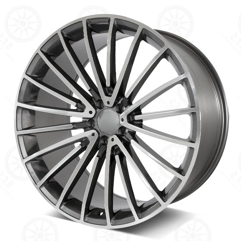 19-inch AMG style gunmetal machined staggered wheels by OE Style Wheels for Mercedes E-Class, CLS, and S-Class models.