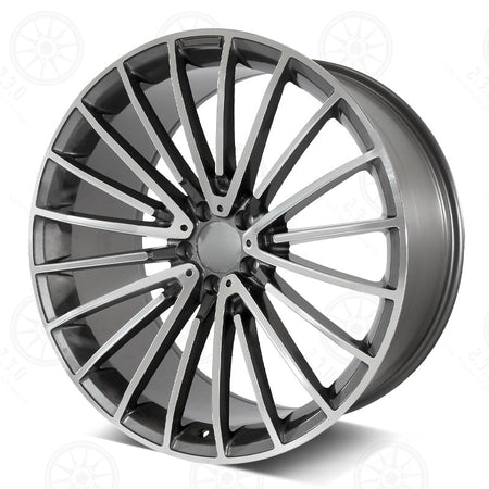 19-inch AMG style gunmetal machined staggered wheels by OE Style Wheels for Mercedes E-Class, CLS, and S-Class models.