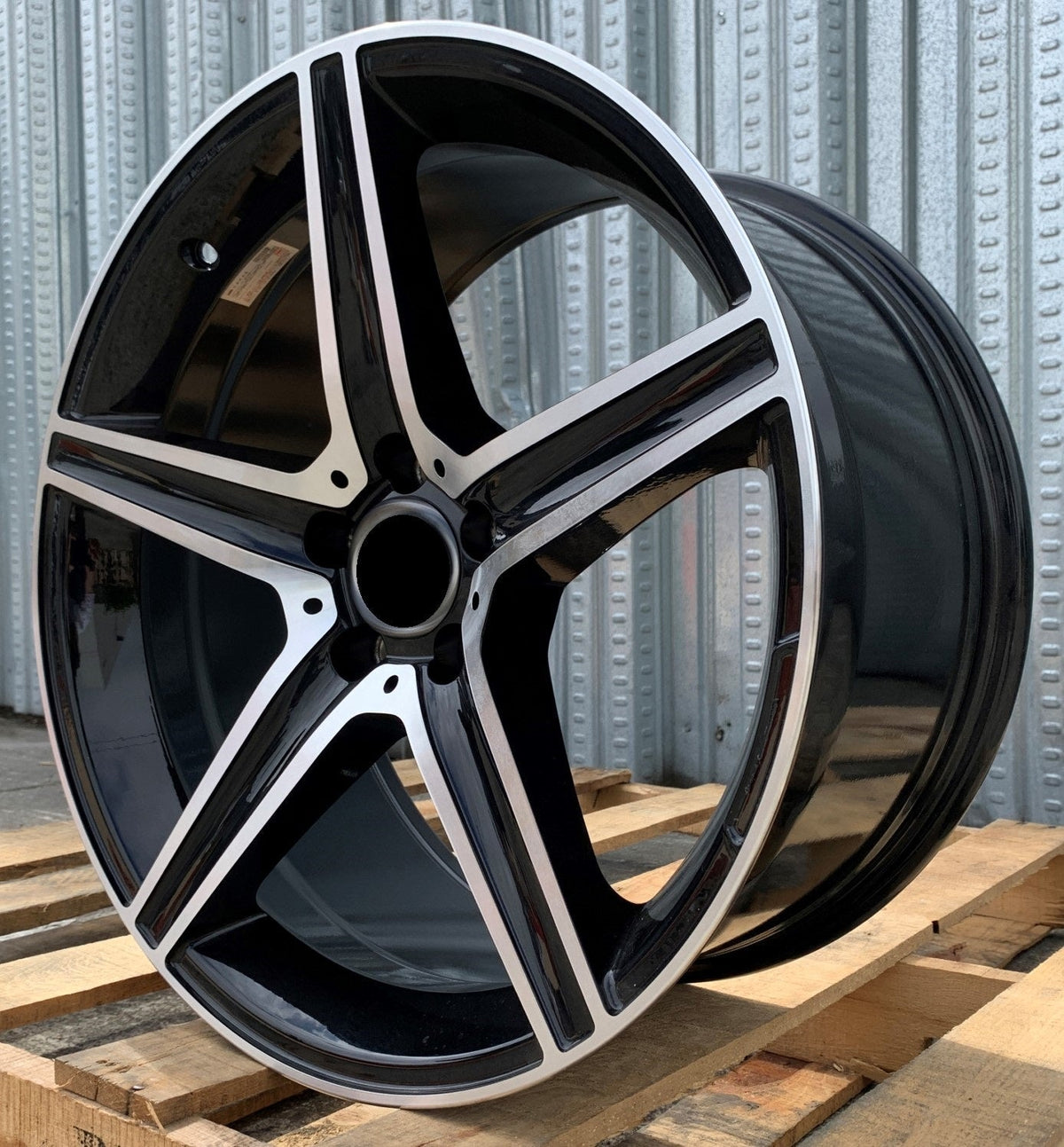 19-inch black machined OE Style Wheels automotive rims designed for Mercedes-Benz CLA, E, S, C, and AMG models.