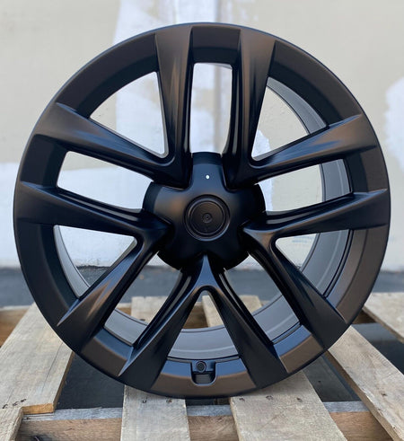 19-inch matte black OE Style Wheels for Tesla Model 3 AWD, RWD, Long Range, and Performance models, showcasing sleek automotive rims.