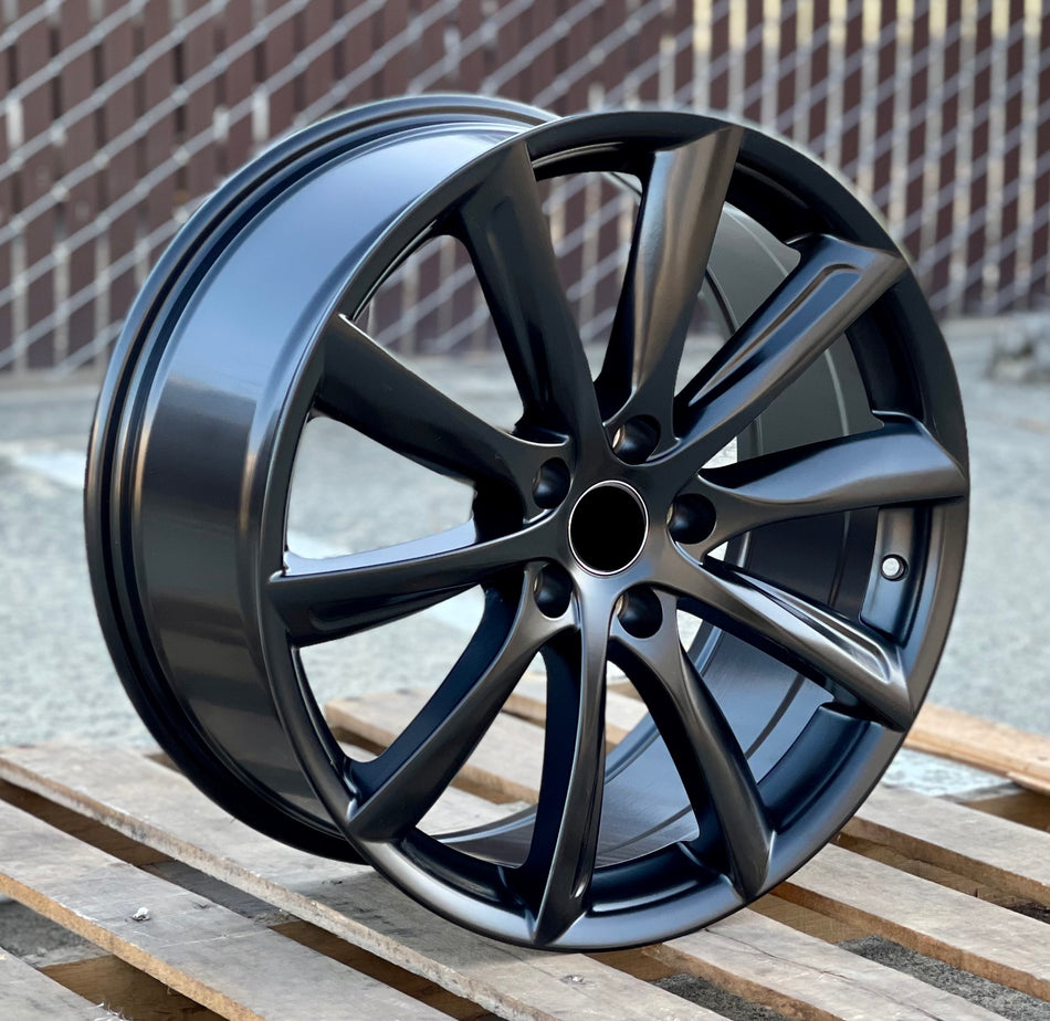 19-inch matte black turbine style wheels by OE Style Wheels for Tesla Model 3 AWD, RWD, Long Range, and Performance models.