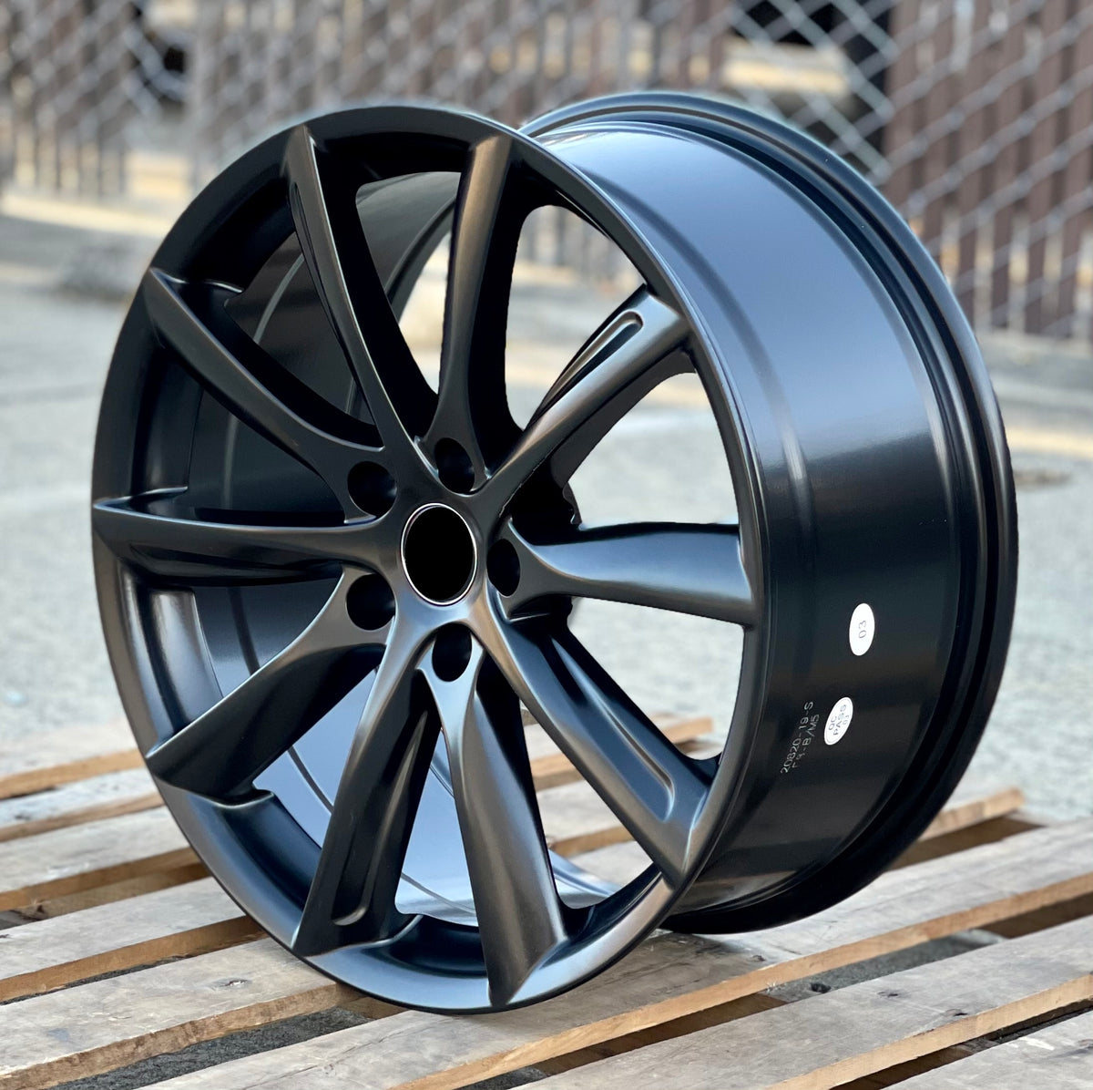 Matte black 19-inch turbine style OE Style Wheels automotive rims for Tesla Model 3 AWD, RWD, and Long Range Performance models.