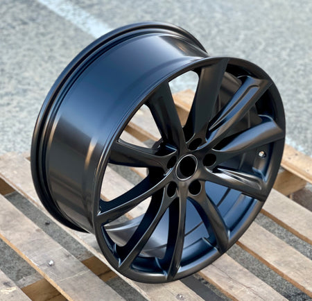 19-inch matte black turbine style wheels by OE Style Wheels fitted on Tesla Model 3 AWD, RWD, Long Range, and Performance models.