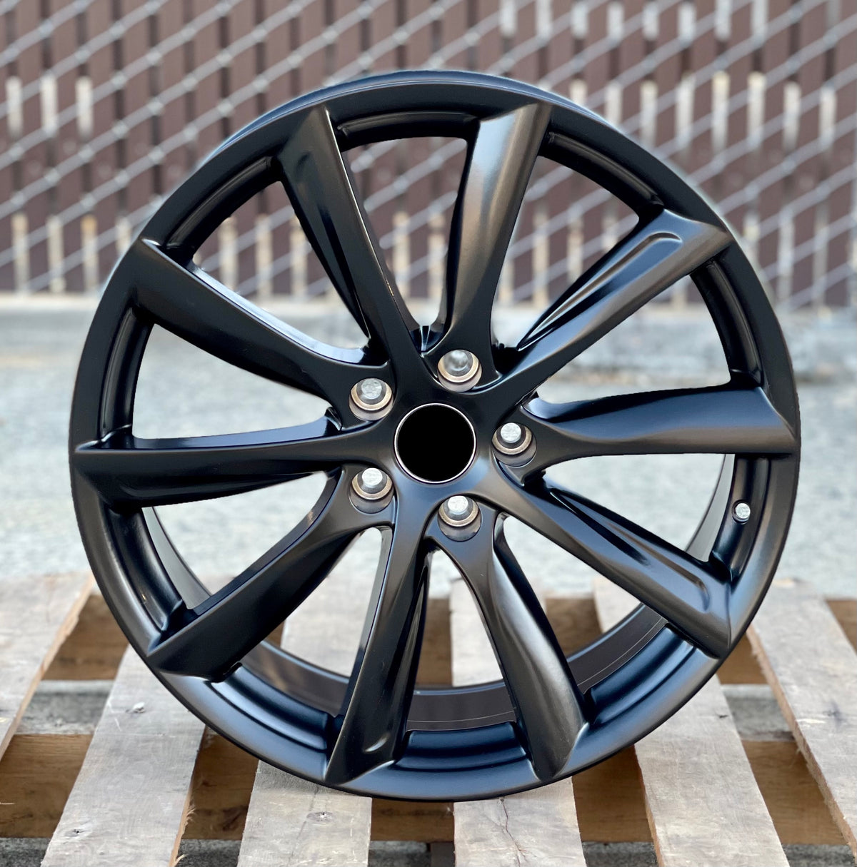 19-inch matte black turbine style wheels by OE Style Wheels, designed for Tesla Model 3 AWD, RWD, Long Range, and Performance models.