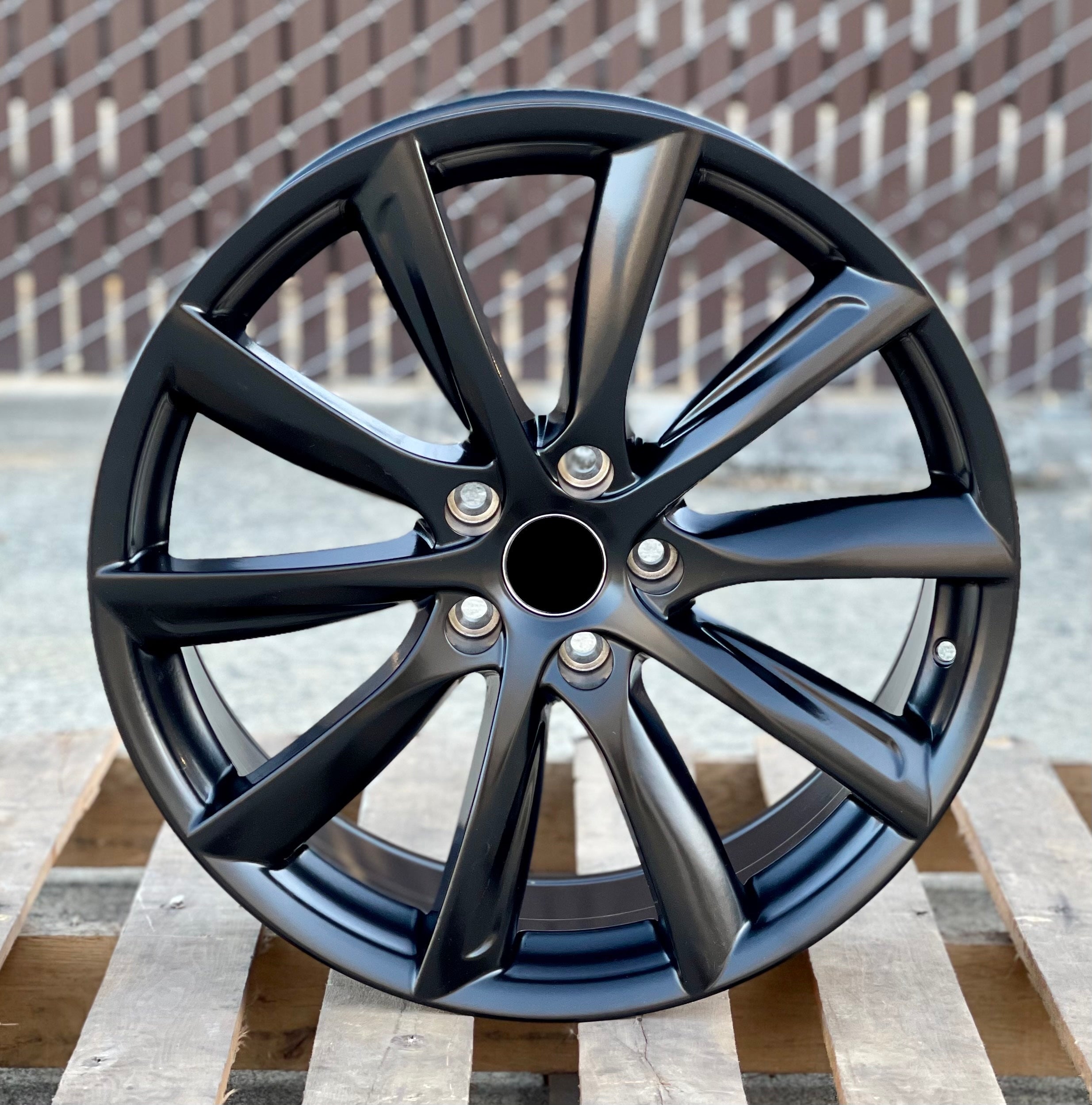 19-inch matte black turbine style wheels by OE Style Wheels, designed for Tesla Model 3 AWD, RWD, Long Range, and Performance models.