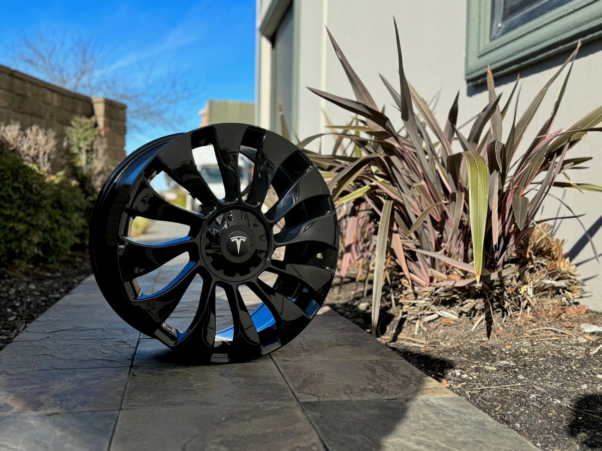 Gloss black 19-inch Überturbine style wheels by OE Style Wheels for Tesla Model 3 and Y AWD, RWD, Long Range, and Performance models.