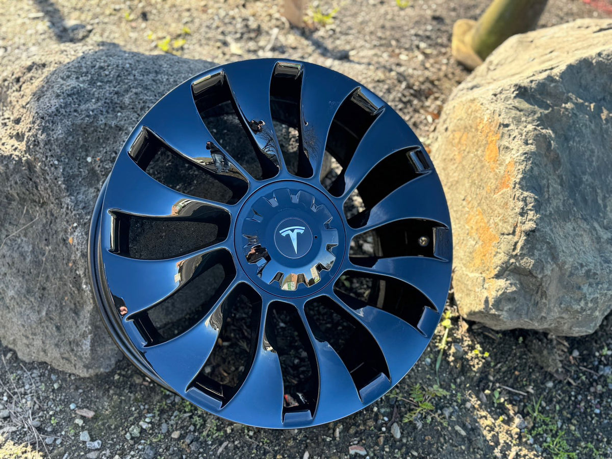Gloss black 19-inch Überturbine style wheels by OE Style Wheels for Tesla Model 3 and Y AWD, RWD, Long Range, and Performance.