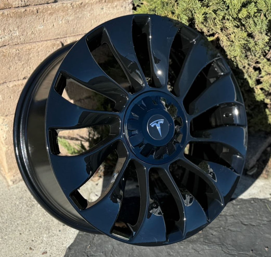 OE Style Wheels 19-inch gloss black Überturbine style rims for Tesla Model 3 and Y, AWD, RWD, Long Range, Performance models.