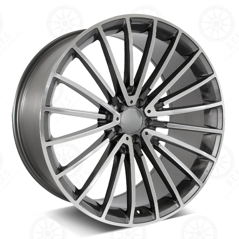 20-inch AMG style gunmetal machined staggered wheels for Mercedes-Benz E-Class, CLS, and S-Class models by OE Style Wheels.