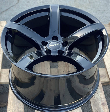 Gloss black 20-inch HC2 Style OE Wheels for Dodge Challenger, Charger, Demon, GT, RT, SRT, SXT, and Hellcat narrow body models.