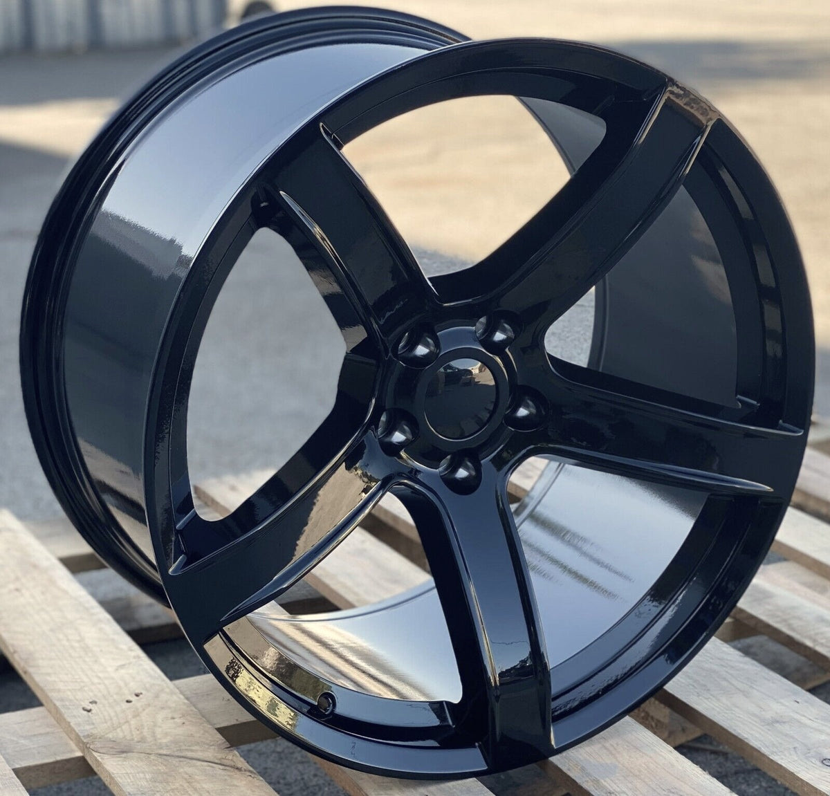 20-inch OE Style Wheels in gloss black with a sleek design, fits Dodge Challenger, Charger, Demon, SRT, and Hellcat narrow body models.