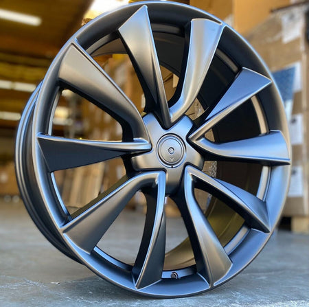 20-inch matte black OE Style Wheels automotive rims fitting Tesla Model S and Model X, showing sleek, modern wheel design.