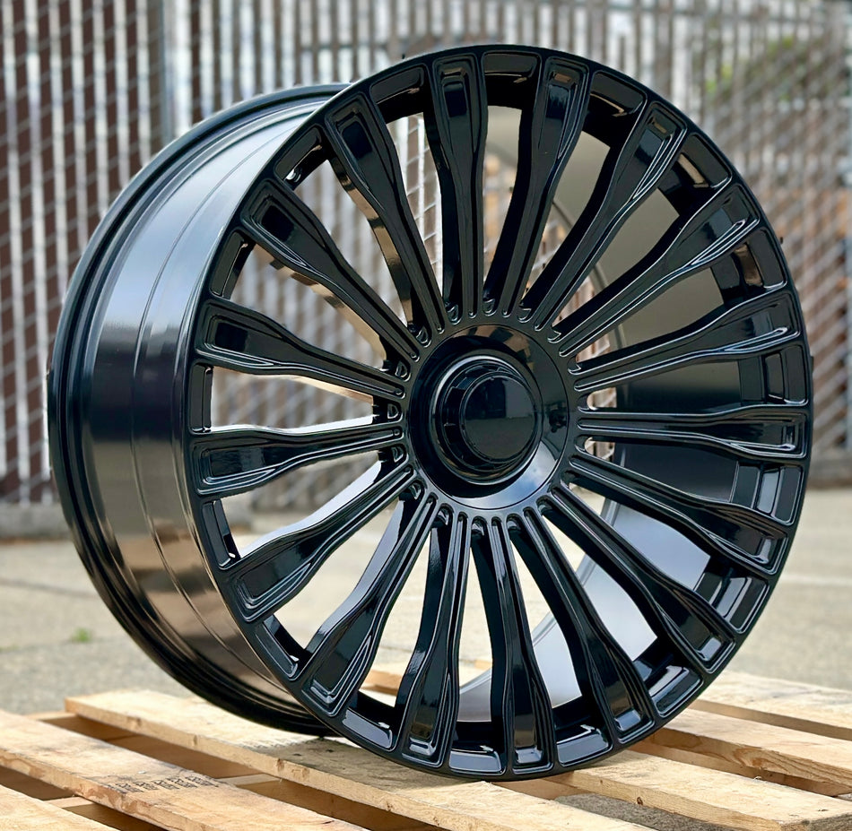 22-inch Maybach style gloss black Mercedes wheels by OE Style Wheels, fits CLS, S-Class, GLE, GLS models, sleek automotive rims.