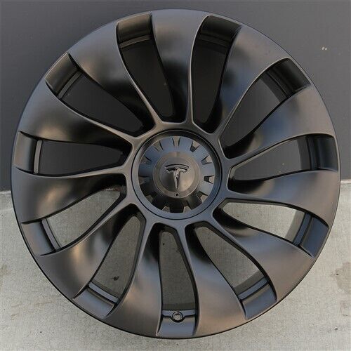 20-inch matte black Überturbine style wheels by OE Style Wheels on Tesla Model 3 and Y, showcasing sleek automotive rims.