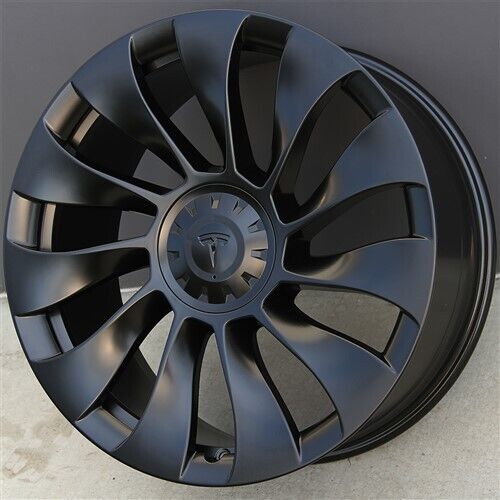 20-inch matte black Überturbine style wheels by OE Style Wheels for Tesla Model 3 and Model Y, showcasing sleek automotive rims.