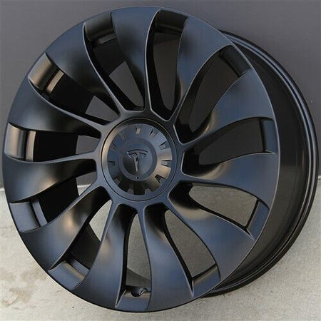 20-inch matte black Überturbine style wheels by OE Style Wheels for Tesla Model 3 and Model Y, showcasing sleek automotive rims.