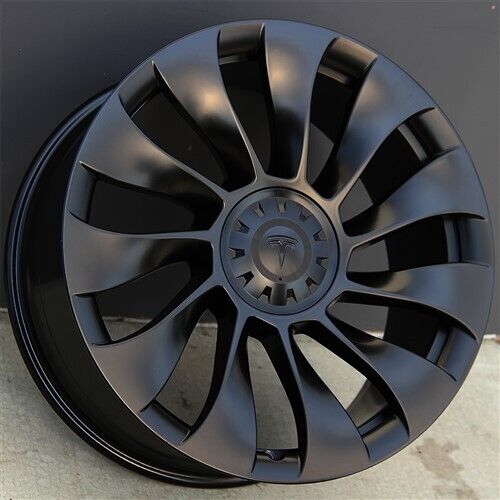 20-inch matte black Überturbine style wheels by OE Style Wheels fit Tesla Model 3 and Model Y, showcasing sleek automotive rims.