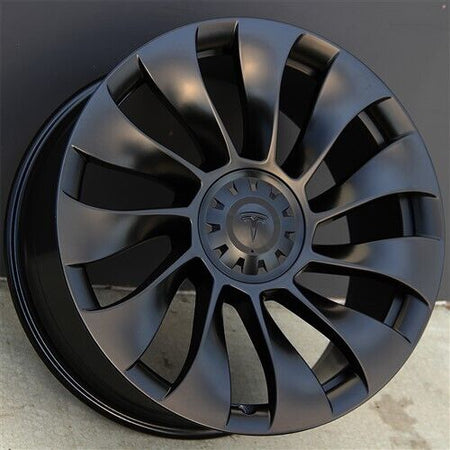 20-inch matte black Überturbine style wheels by OE Style Wheels fit Tesla Model 3 and Model Y, showcasing sleek automotive rims.