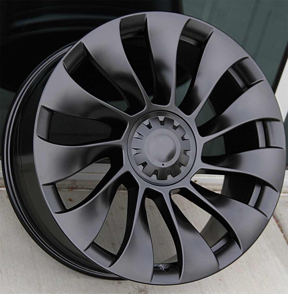 20-inch matte black Überturbine style wheels by OE Style Wheels for Tesla Model 3 and Model Y, showcasing sleek automotive rims.