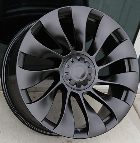 20-inch matte black Überturbine style wheels by OE Style Wheels for Tesla Model 3 and Model Y, showcasing sleek automotive rims.