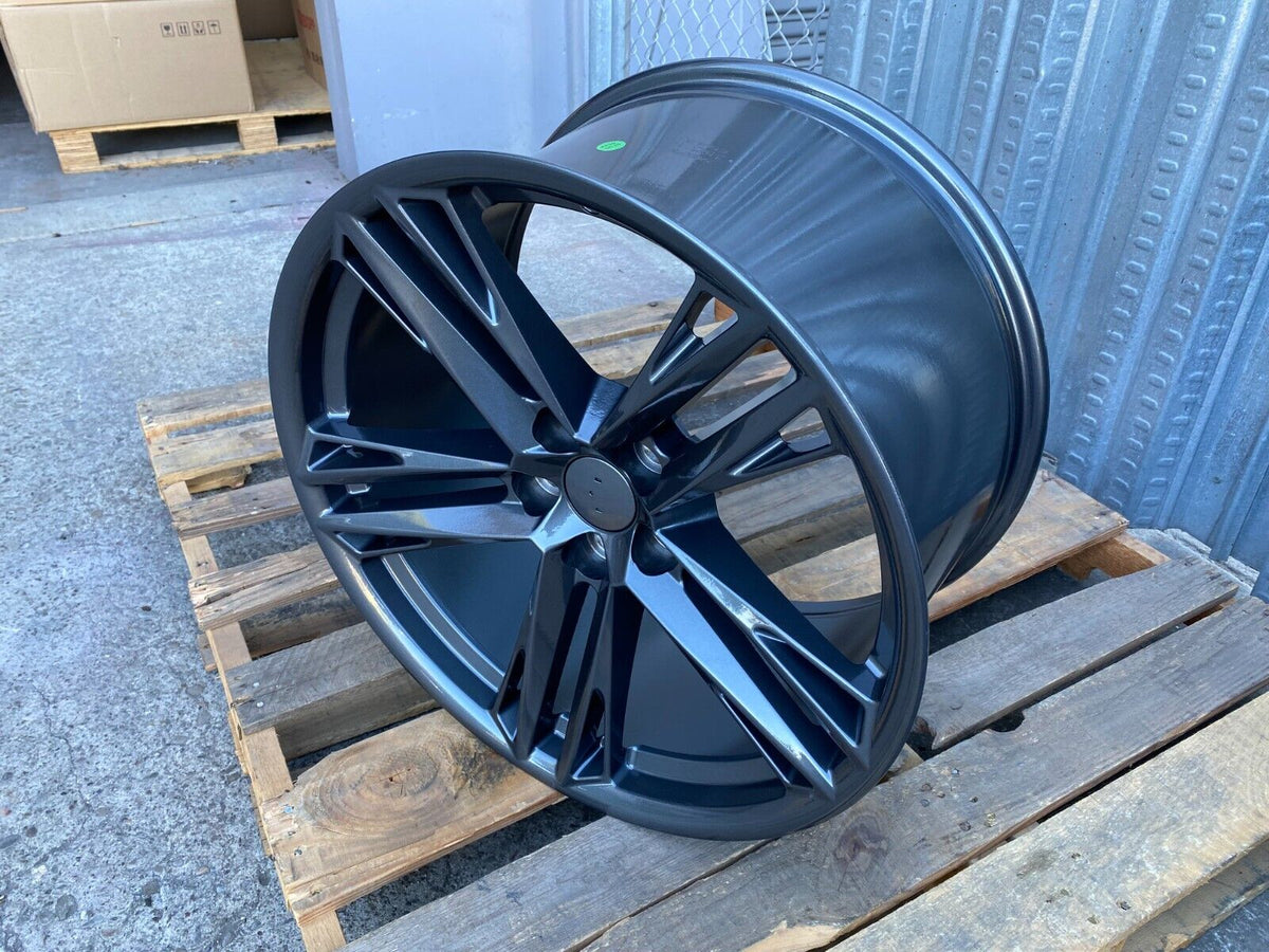 20-inch ZL1 style gun metal wheels by OE Style Wheels fitted on a Chevy Camaro ZL1 SS LT showing the sleek automotive rims.