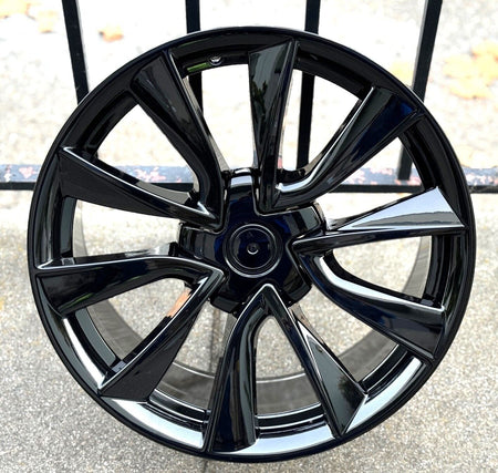 22-inch gloss black OE Style Wheels for Tesla Model S and X, showcasing sleek automotive rims and modern wheel design.