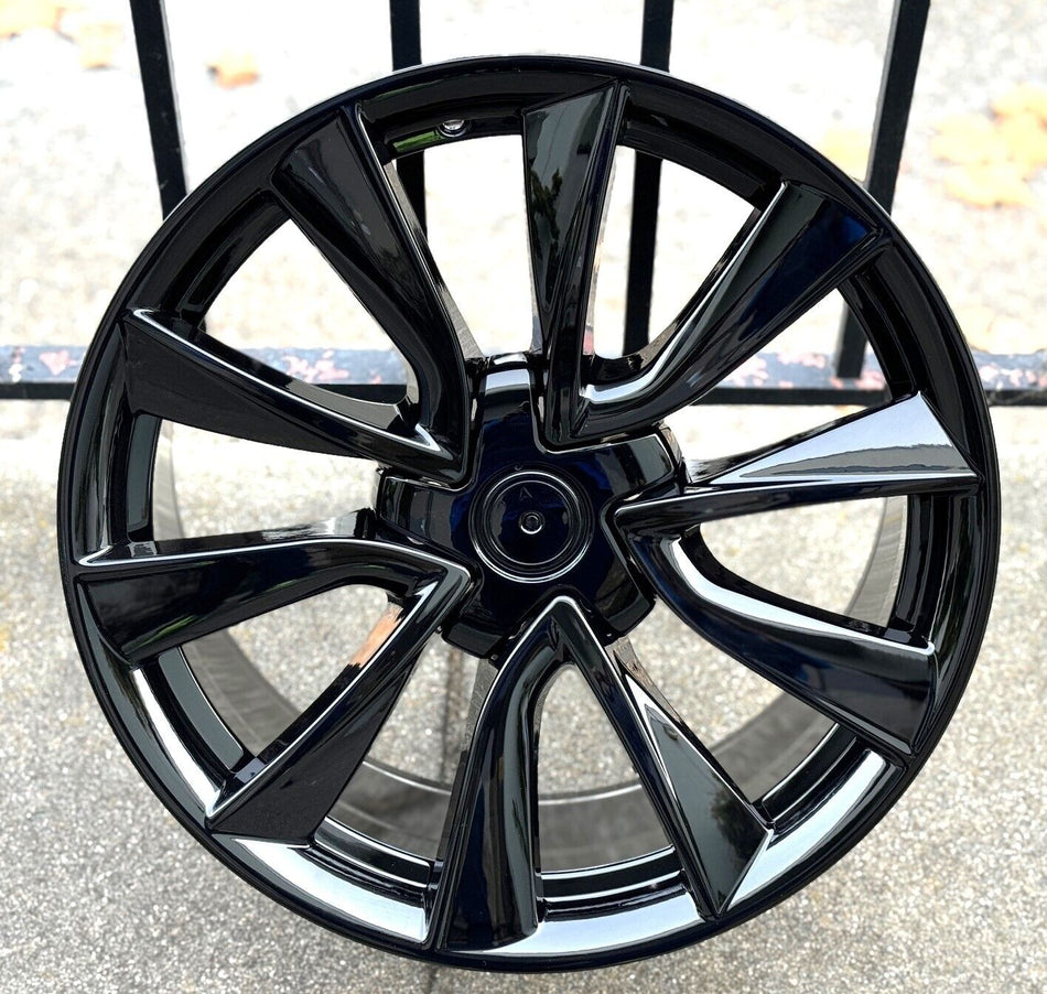 22-inch gloss black OE Style Wheels for Tesla Model S and X, showcasing sleek automotive rims and modern wheel design.