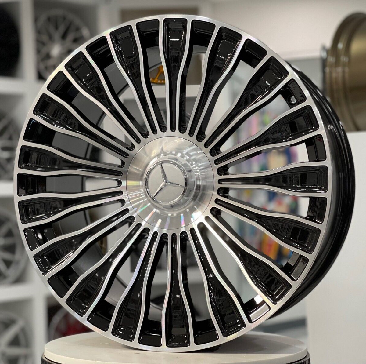 22-inch Maybach style black machined wheels for Mercedes CLS, S, GLE, GLS, AMG, OE Style Wheels automotive rims and wheels.