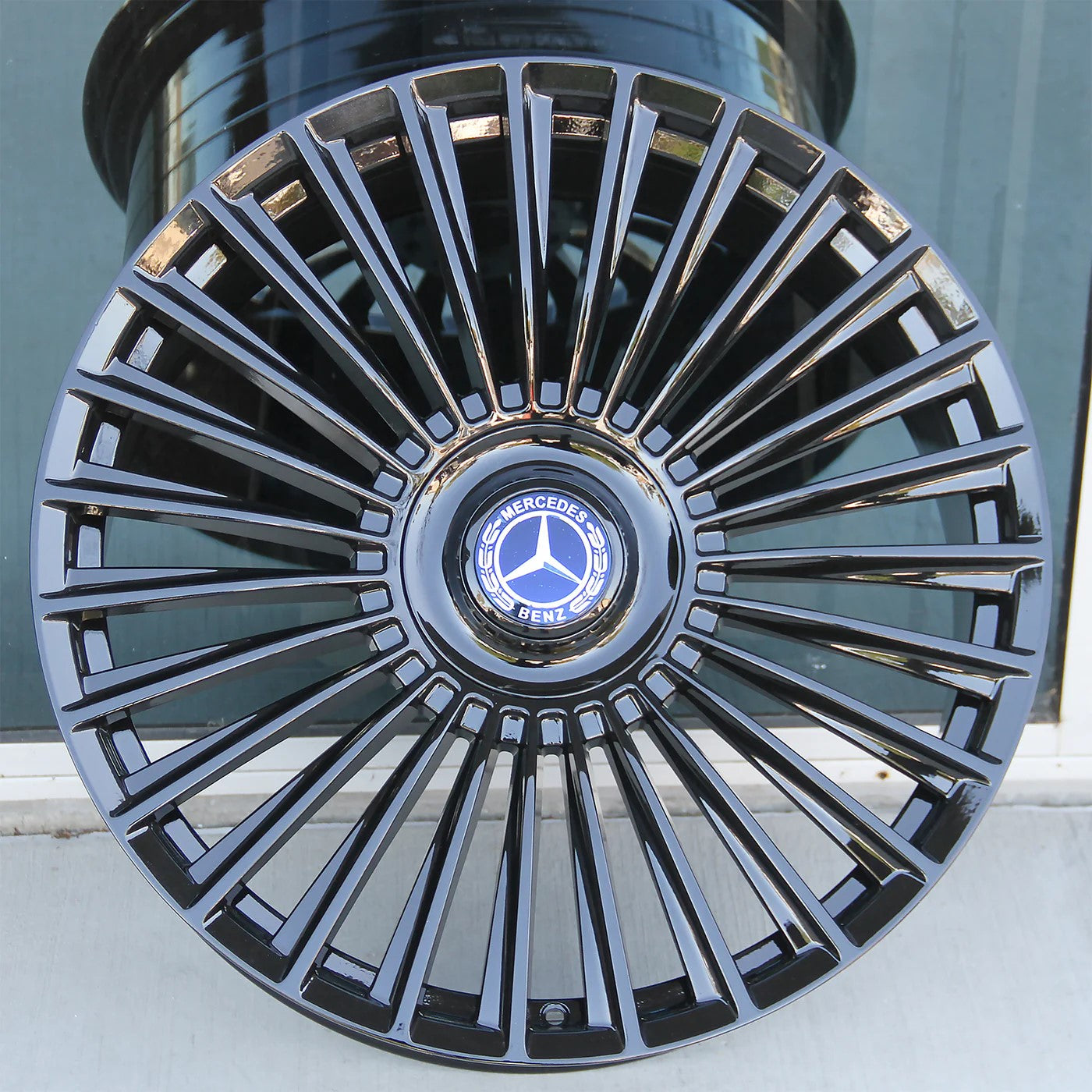 22-inch OE Style Wheels gloss black multi-spoke rims for Mercedes CLS, S, GLE, GLS, AMG, and Maybach models.