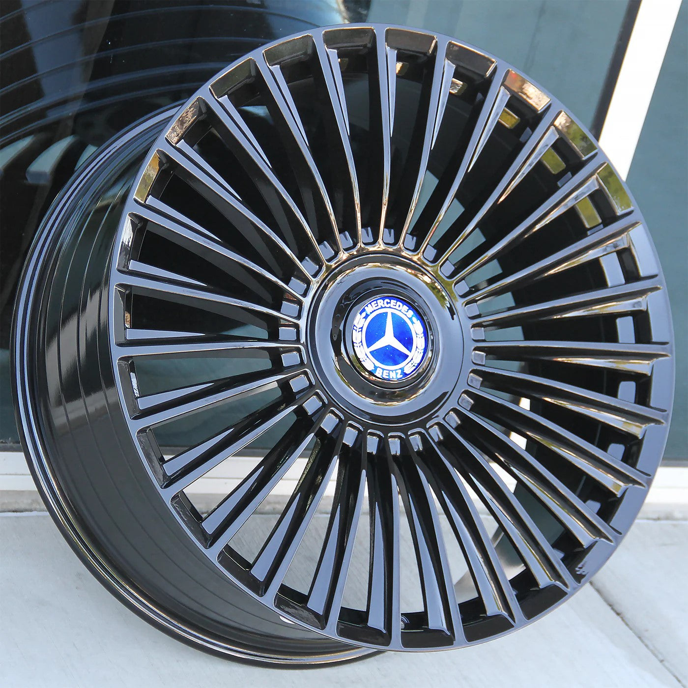 22-inch OE Style Wheels gloss black multi-spoke rims for Mercedes CLS, S, GLE, GLS, AMG, and Maybach vehicles.