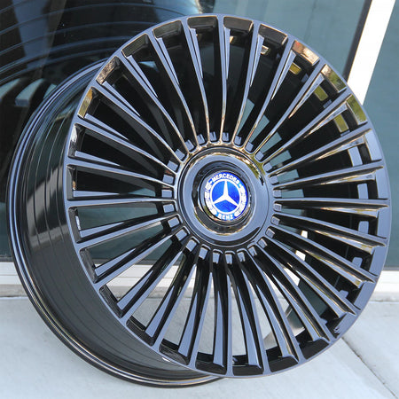 22-inch OE Style Wheels gloss black multi-spoke rims for Mercedes CLS, S, GLE, GLS, AMG, and Maybach vehicles.