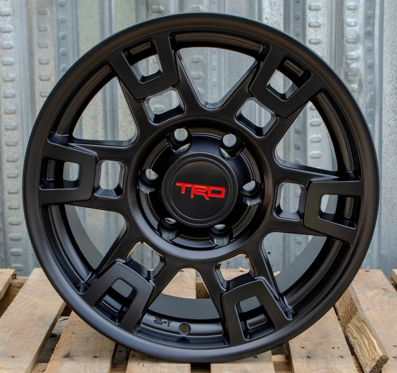 Set of 17-inch OE Style Wheels in matte black, designed for Toyota Tacoma, 4Runner, FJ Cruiser, Sequoia, and Lexus GX models.