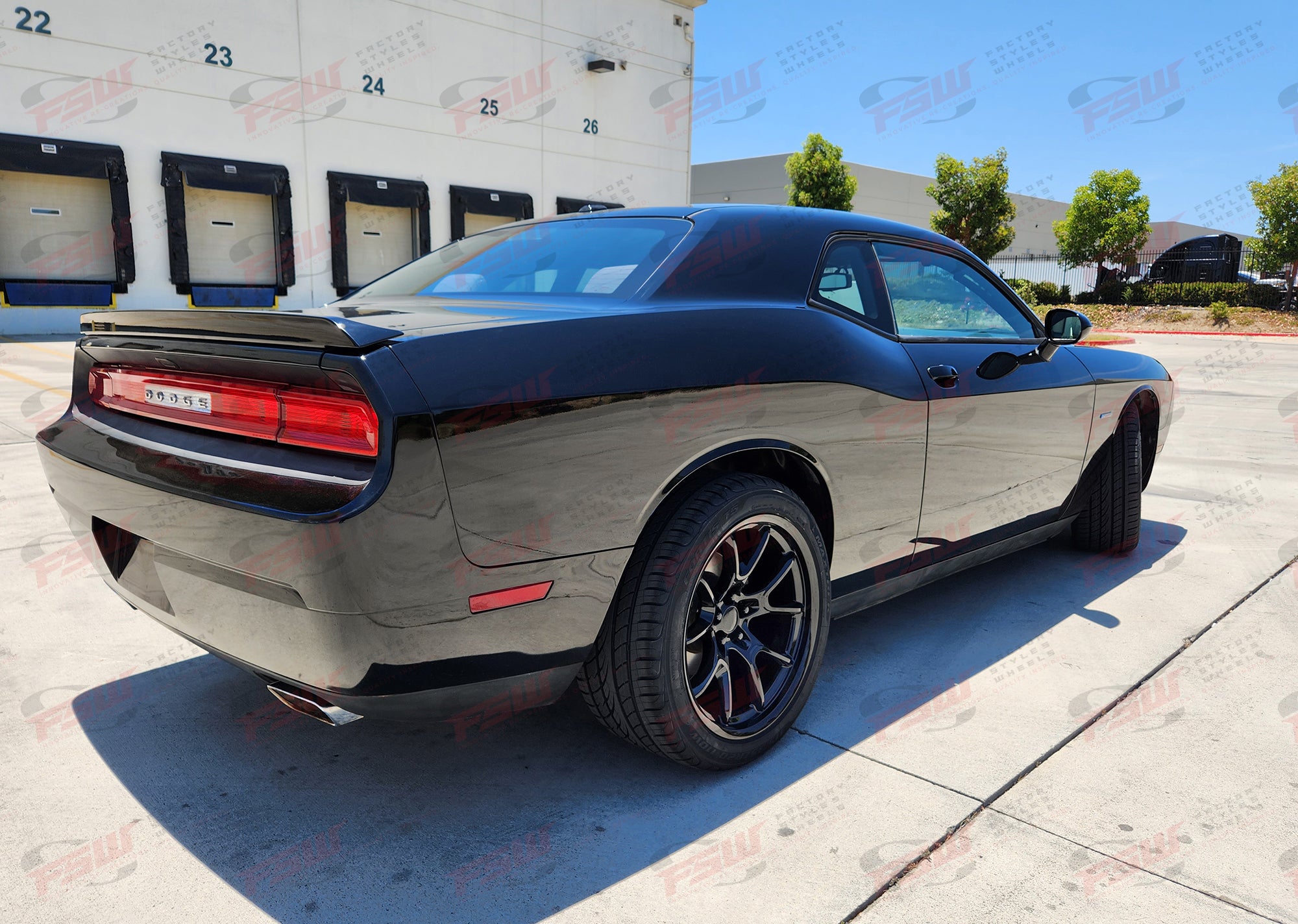 Gloss black 20-inch anniversary style OE Style Wheels for Dodge Challenger, Charger, SRT, Hellcat, and Scat Pack narrow body models.