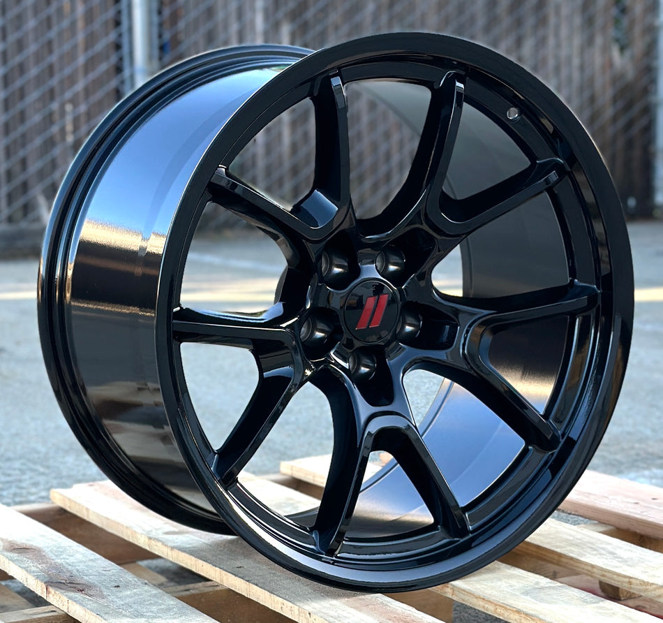 20-inch Gloss Black OE Style Wheels for Dodge Challenger, Charger, SRT, Hellcat, and Scat Pack narrow body models.