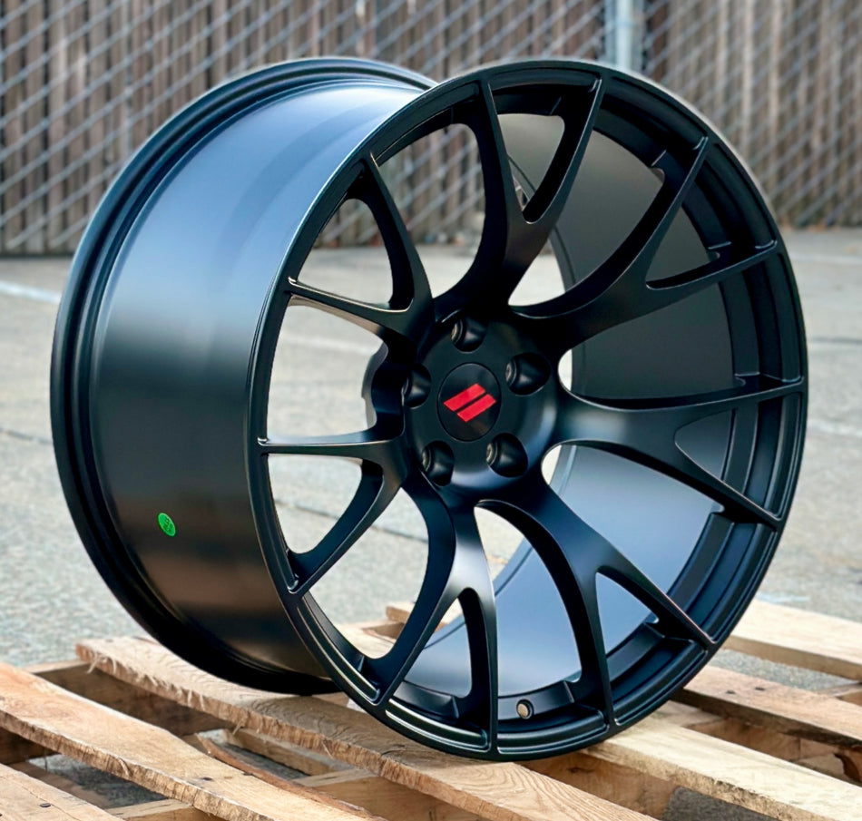20x11 satin black mesh style OE Style Wheels for Dodge Challenger and Charger widebody models, showcasing sleek automotive rims.