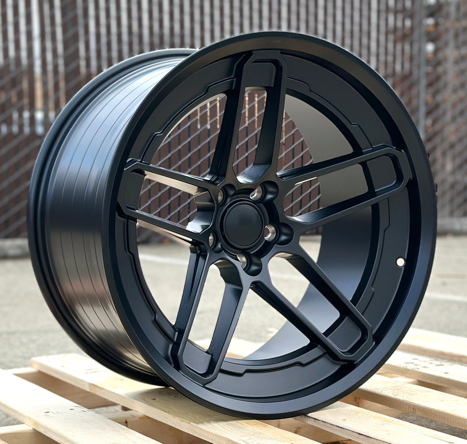 OE Style Wheels Demon Style satin black 20x9.5 and 20x11 rims for Dodge Challenger and Charger narrow body vehicles.