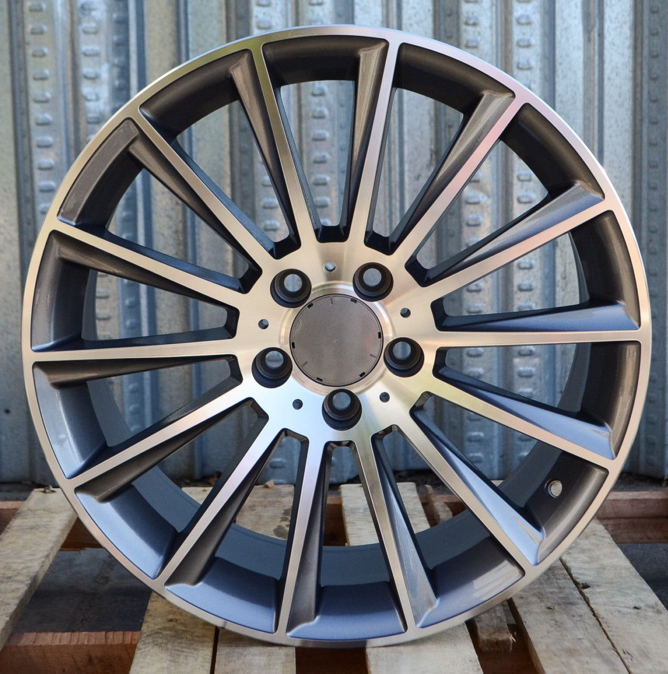 19-inch gunmetal machined face wheels for Mercedes-Benz, OE Style Wheels, showing the sleek, multi-spoke design on a vehicle.