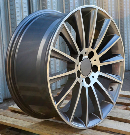 19-inch gunmetal machined face wheels by OE Style Wheels, showing sleek automotive rims fitting Mercedes C-Class, E-Class, CLS, and AMG models.