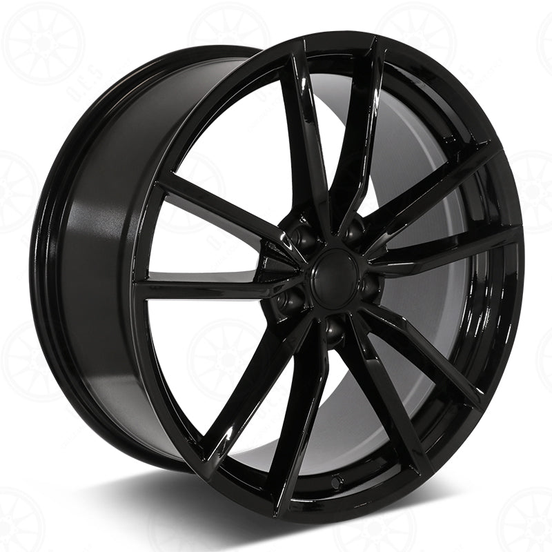 19-inch gloss black R-style wheels by OE Style Wheels for Volkswagen VW GTI, Golf, Jetta, EOS, and Passat vehicles.