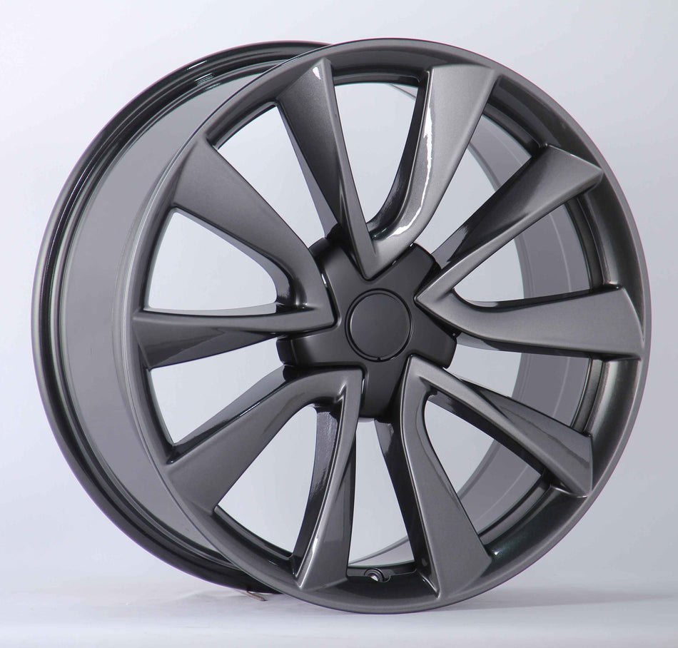19-inch gunmetal sport style wheels by OE Style Wheels on Tesla Model 3 AWD and RWD Long Range Performance.