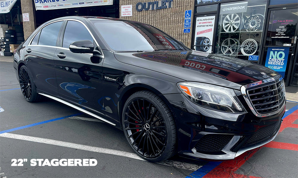 20-inch AMG style gloss black wheels for Mercedes-Benz C-Class, E-Class, S-Class, CLS, and Maybach by OE Style Wheels.