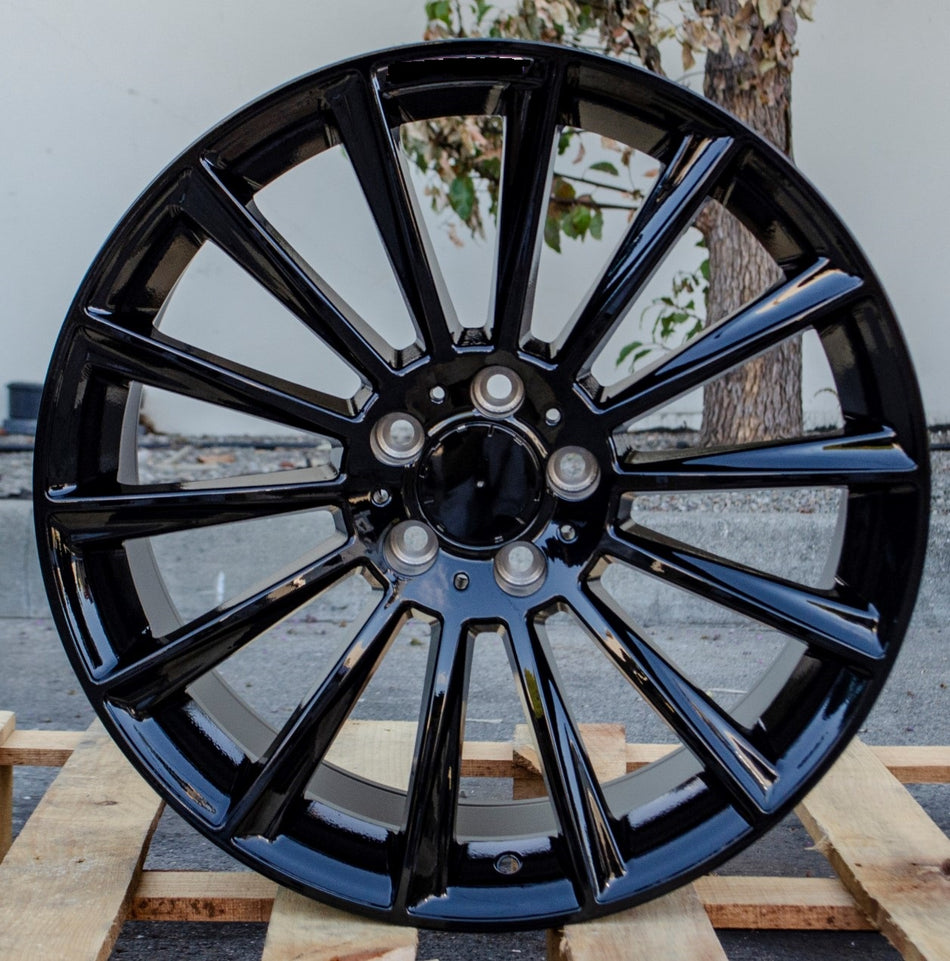 20-inch gloss black OE Style Wheels for Mercedes-Benz C-Class, E-Class, S-Class, CLS, and AMG coupe models, showcasing sleek automotive rims.